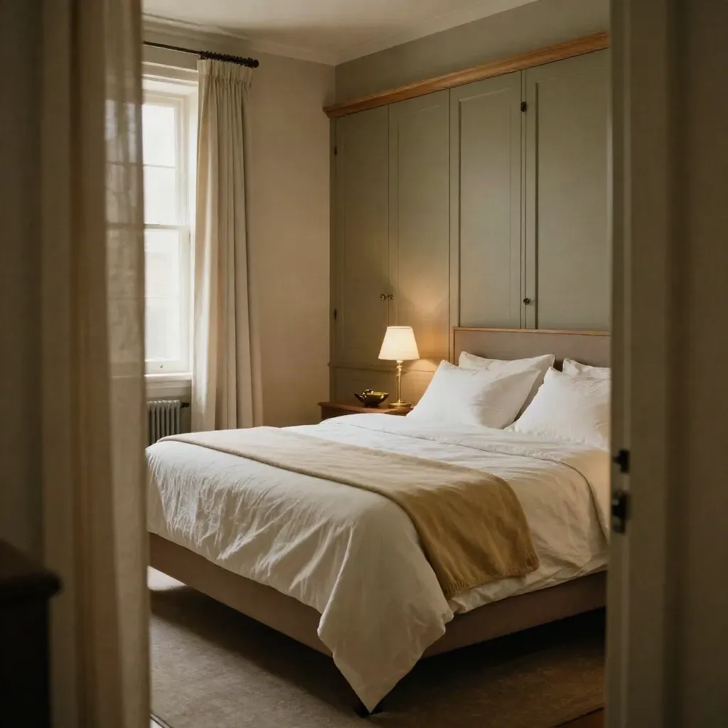 Rental-ready luxury bedroom suite with crisp bedding, luggage stand and brass key bowl.