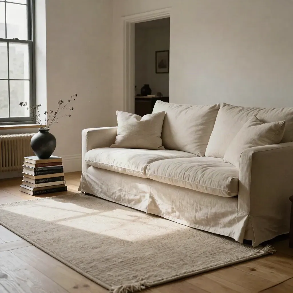 Staged living room with linen sofa, rug, books and vase in warm window light
