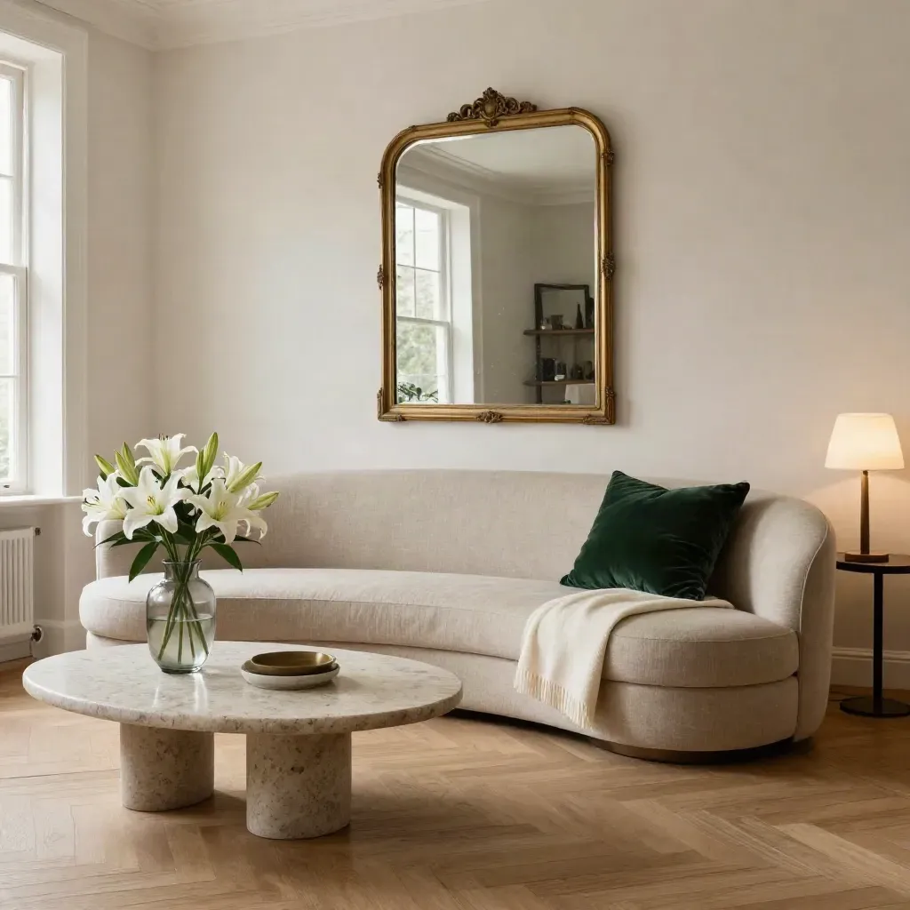 Staged Kensington living room with curved sofa, lilies, mirror and lamps in warm daylight