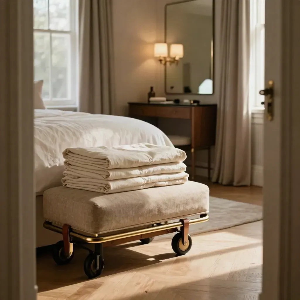 Mayfair bedroom suite with folded linen, brass luggage trolley and glowing dressing area.