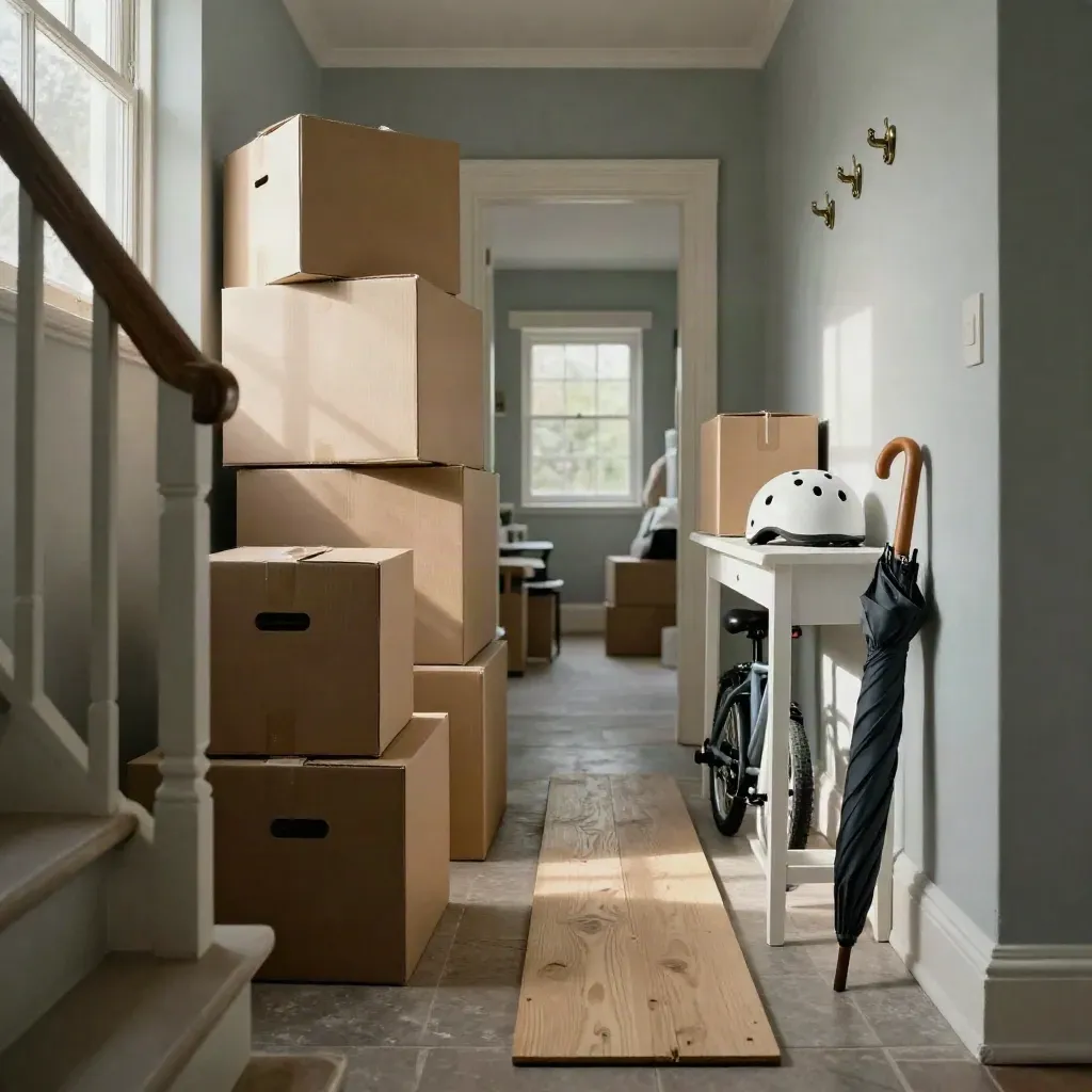 Part-unpacked Surrey hallway with boxes, a child's helmet and a chalk-white console in morning light.