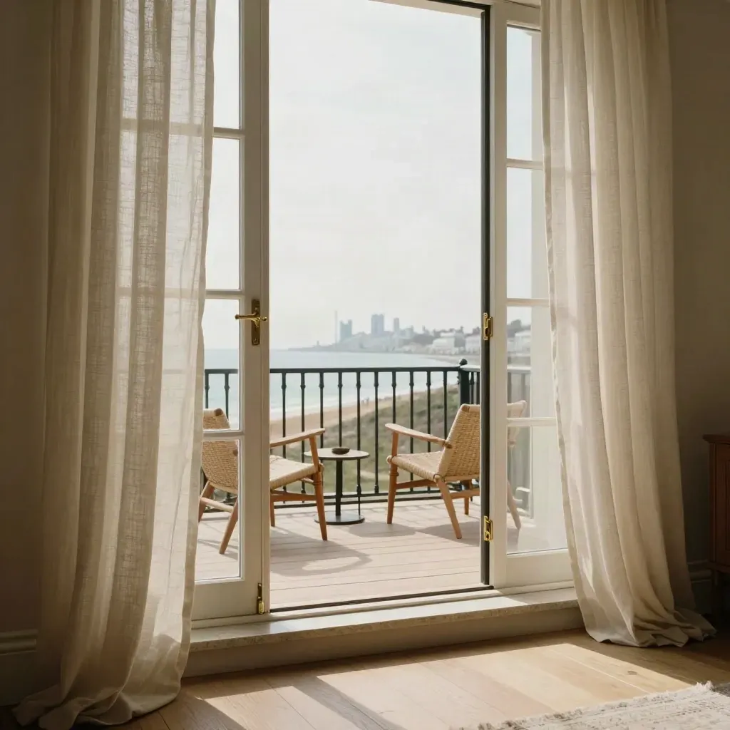 Open Regency balcony doors in a Brighton flat, sea haze, ivory curtains, and pale oak furniture.