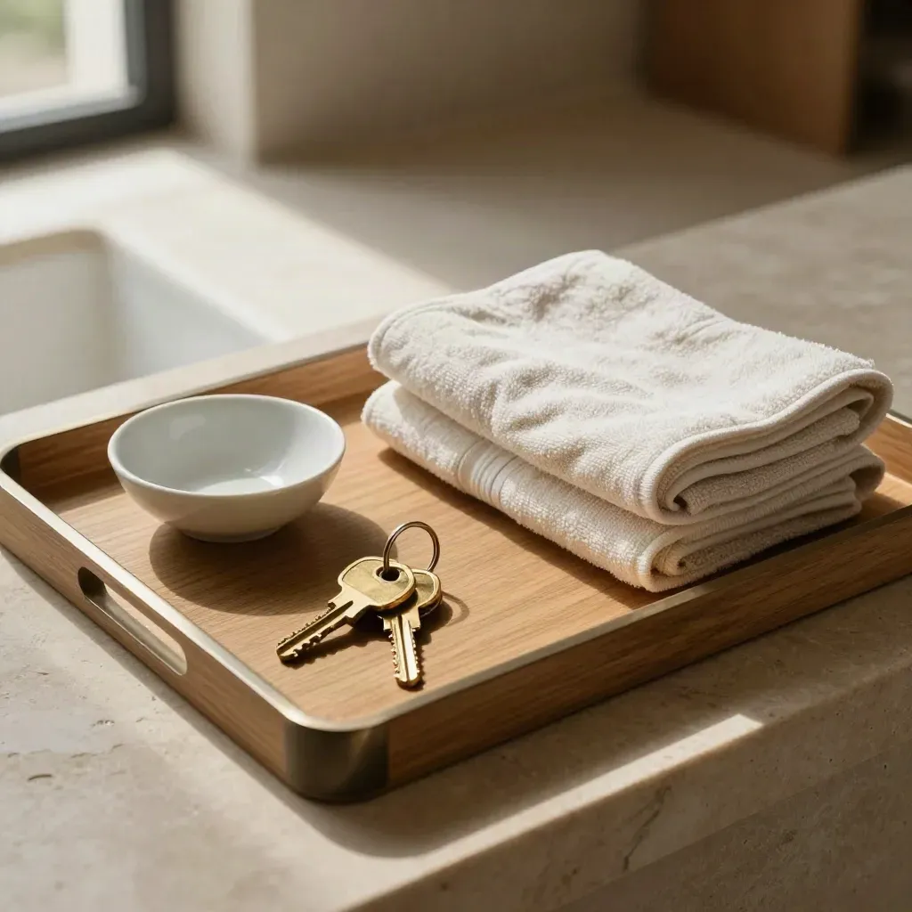 Overhead entry tray with spare keys, ivory bowl, folded towels and a stone surface.