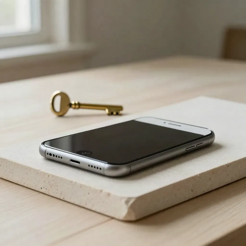 Smartphone, brass key and closed notebook on a pale stone tray