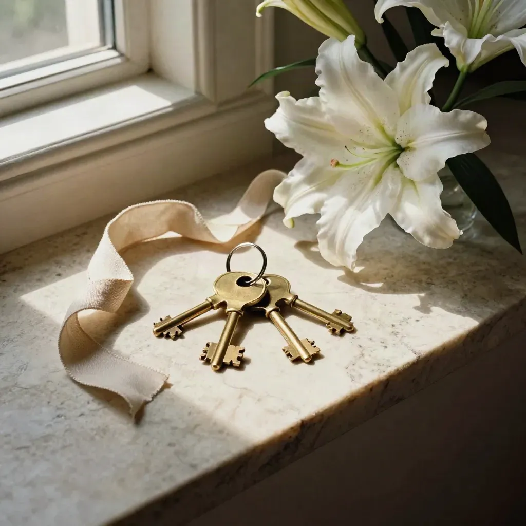 Brass keys, linen ribbon, and white lilies on a limestone shelf