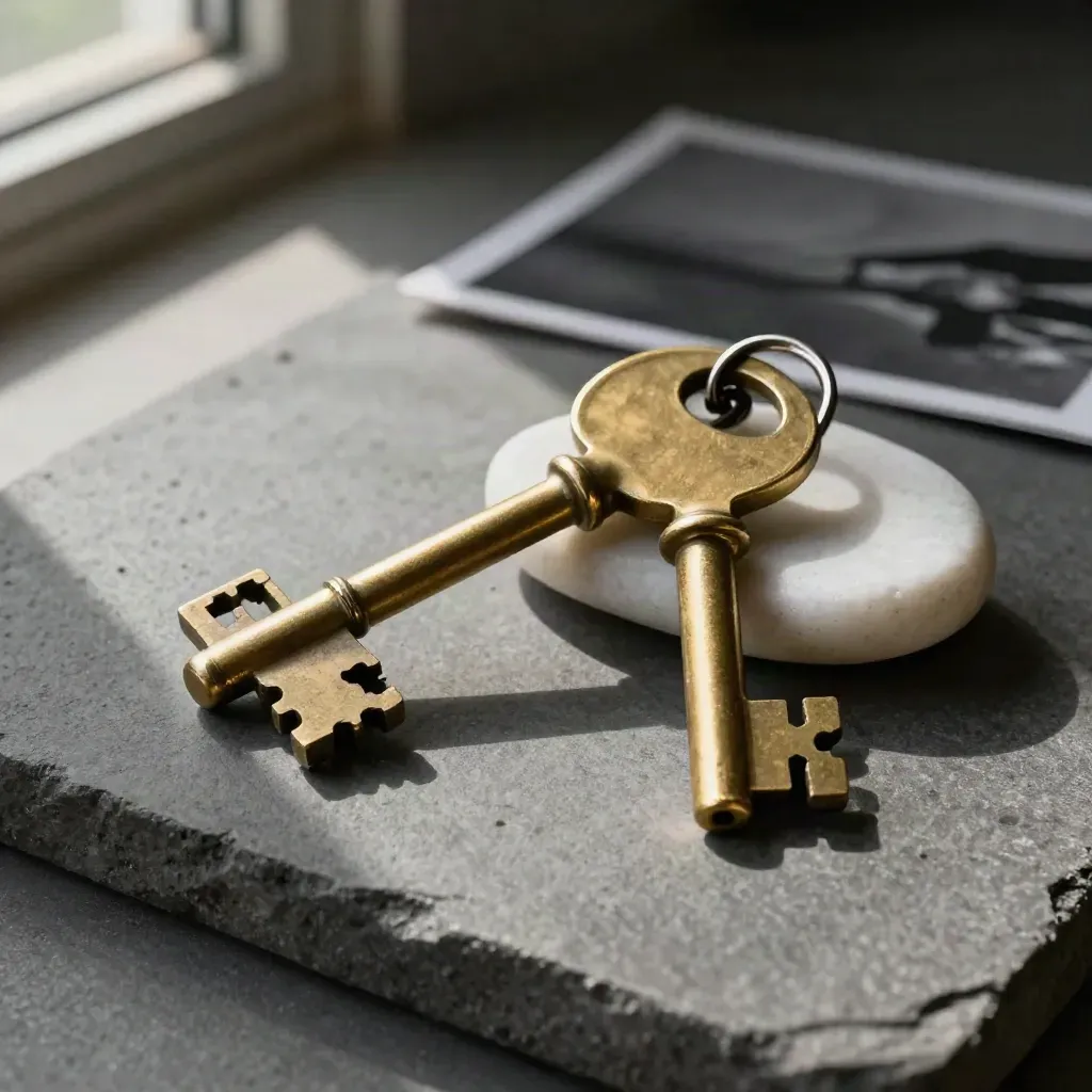 Brass keys, key ring, and white stone on charcoal concrete, side-lit in a macro still life.