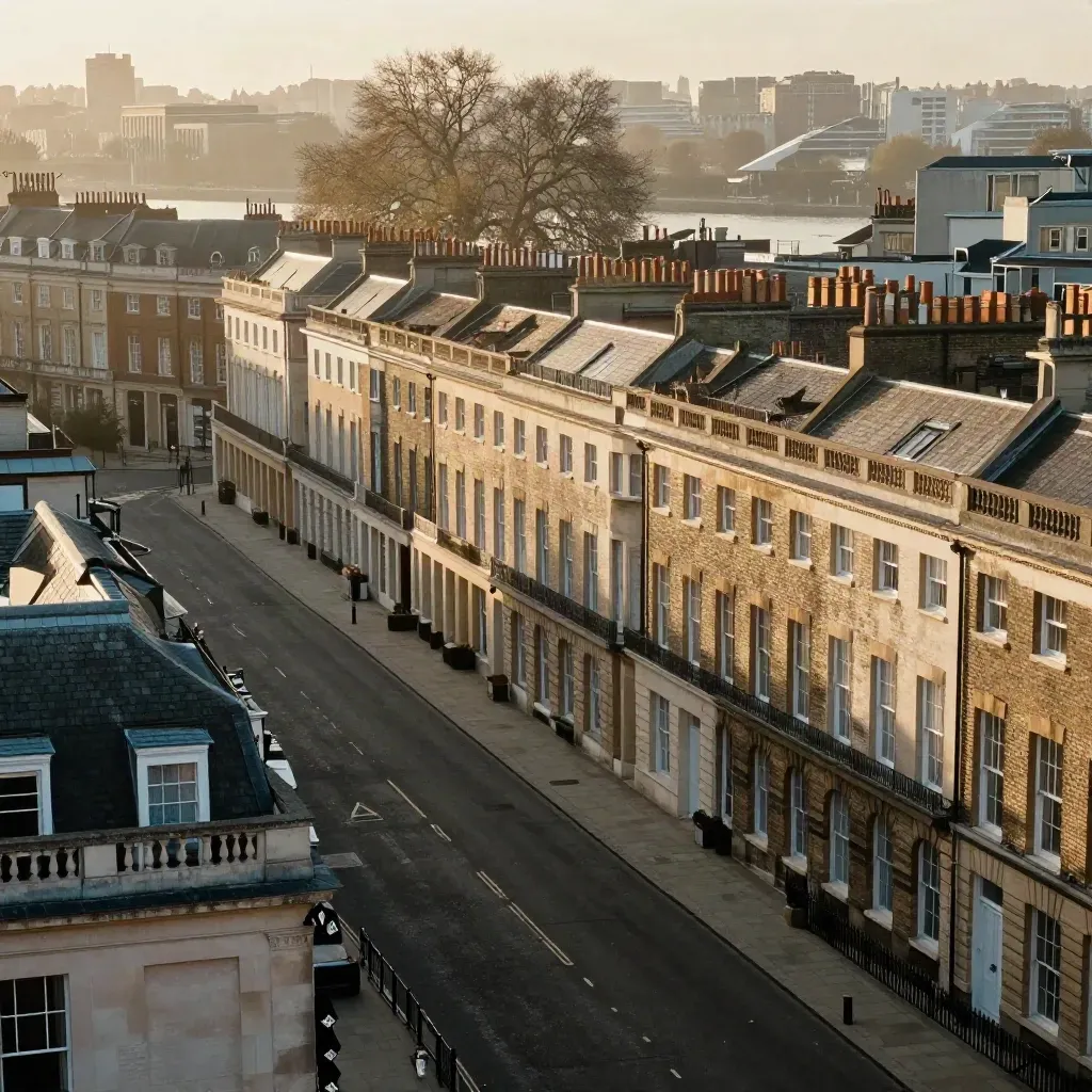 Elegant Central London terraces and plane trees glowing through warm evening haze.