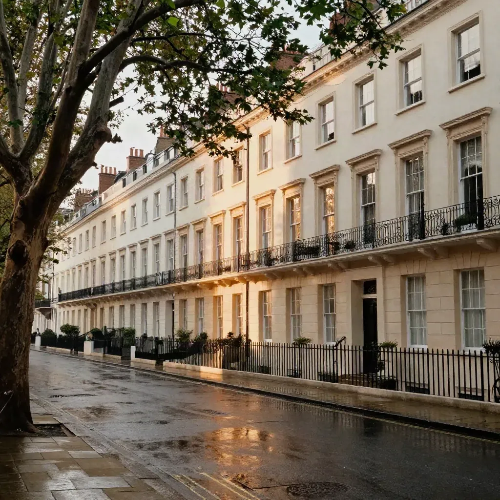 Golden-hour West London terraces above a calm wet street with trees and haze.