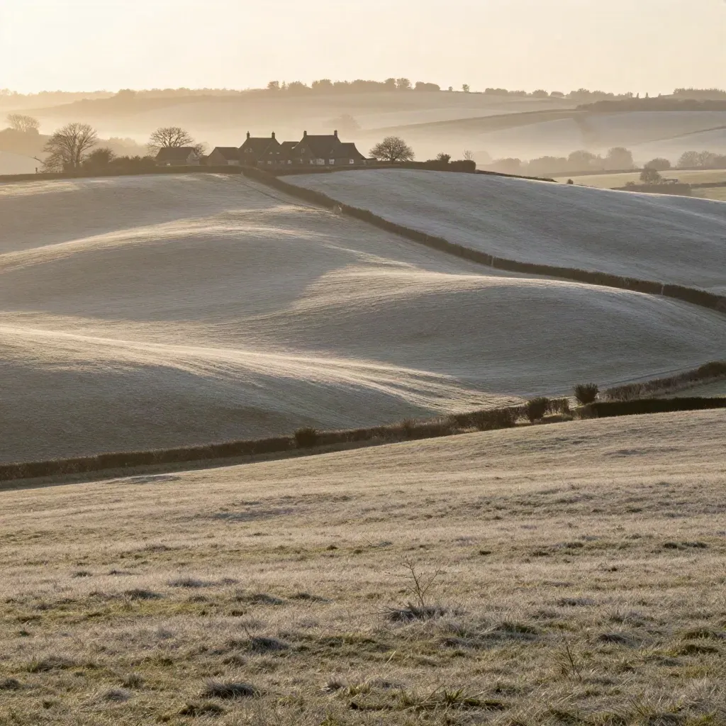 Sunrise over misty Surrey and Kent downs with oast roofs high in frame