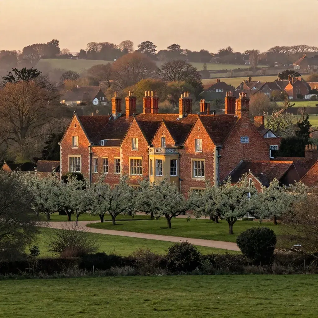 Distant manor roofs and orchards at dusk over calm fields