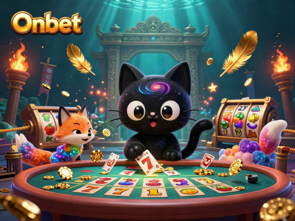 Onbet-themed cosmic casino scene featuring a black hole cat and a nebula fox with colorful elements.