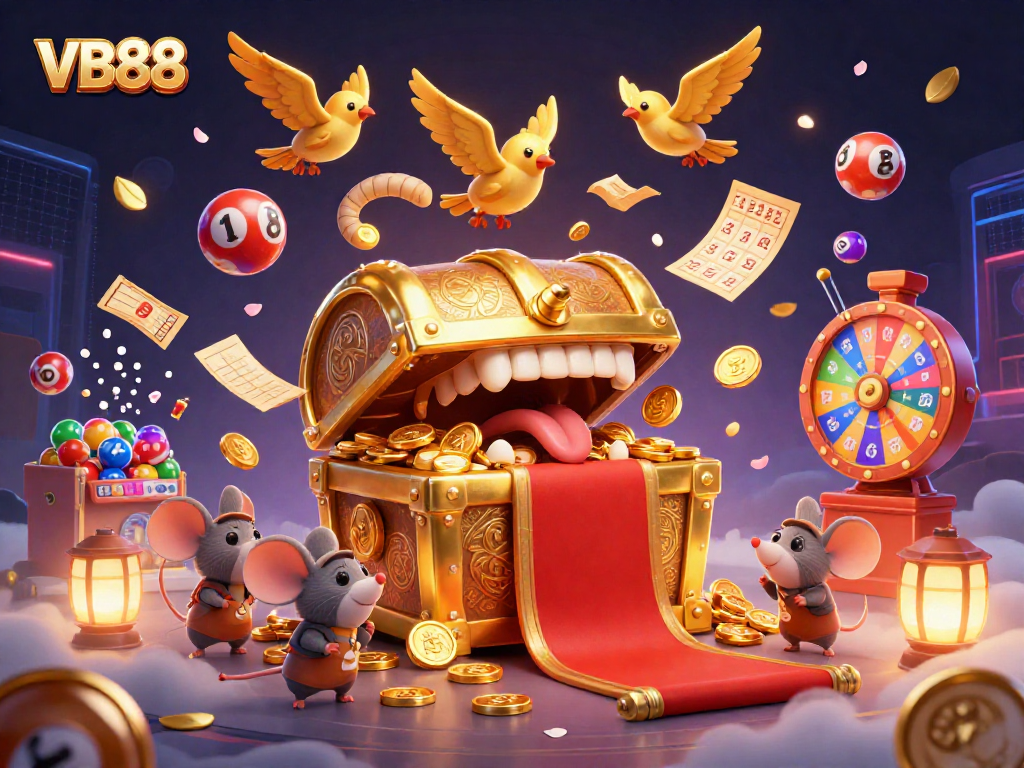 Experience the excitement of VB88 with colorful lottery elements and dynamic prize visuals.