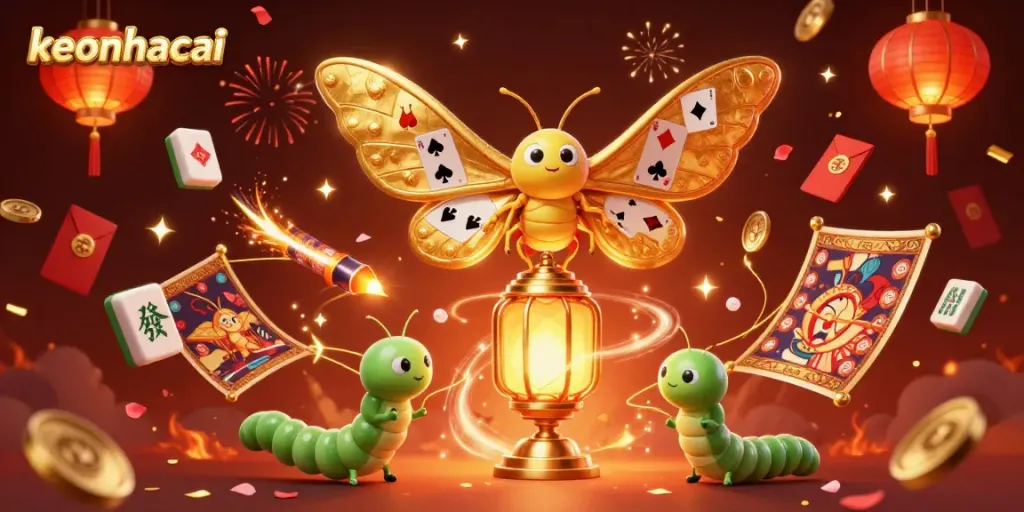 Celebrate with keonhacai at a vibrant 3D digital casino scene filled with festive gambling elements.