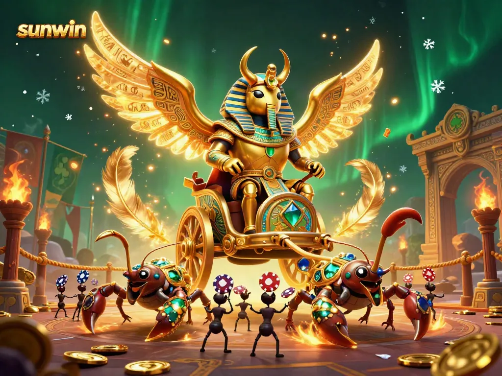 Engage with sunwin's exciting gaming adventure featuring a golden scarab and scorpions amidst vibrant casino elements.