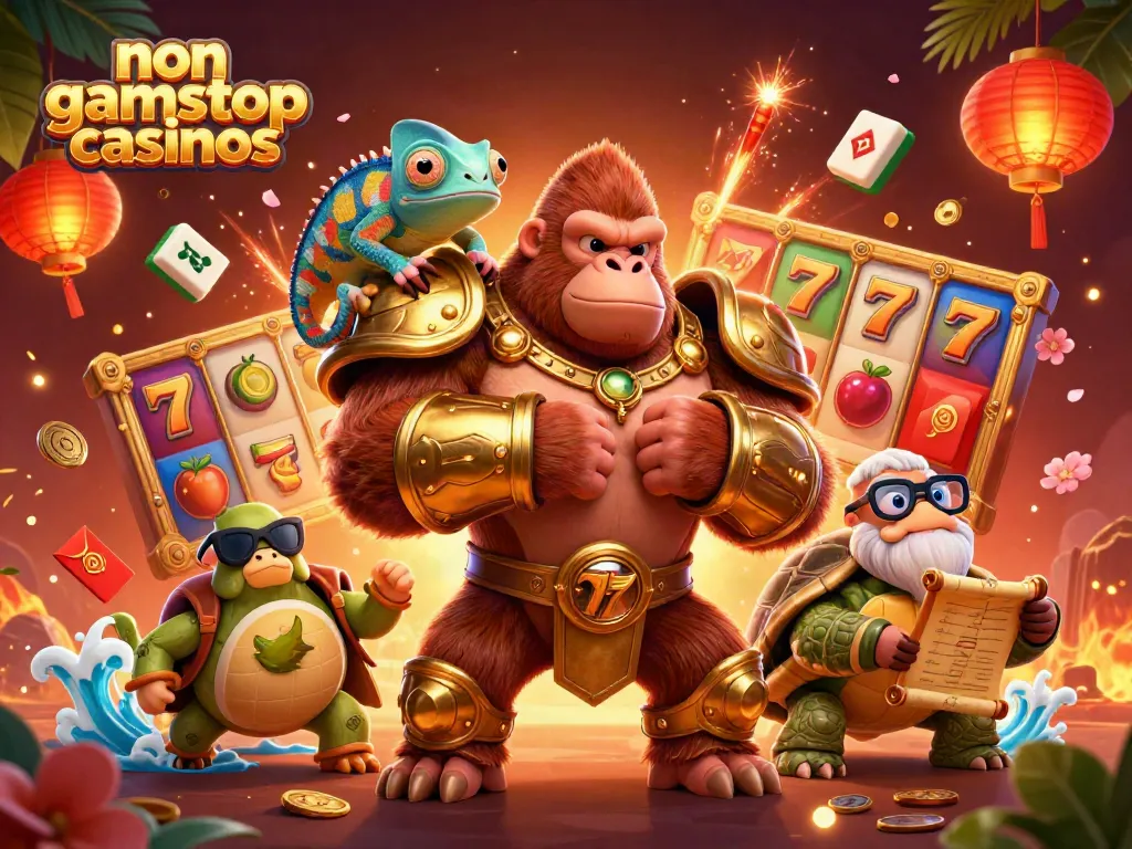 Engage with non gamstop casinos through an exciting animated scene of a gorilla king and friends.