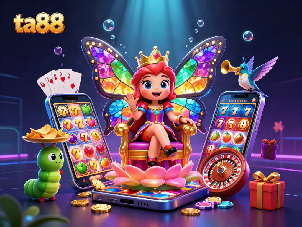 Engage with ta88's vibrant online casino, featuring a butterfly queen amidst dynamic gambling elements.
