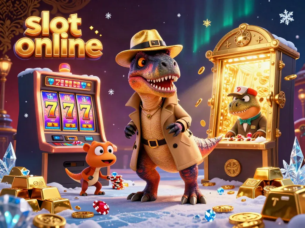 Experience thrilling slot online excitement with cartoon velociraptor and stegosaurus characters in a vibrant casino setting.
