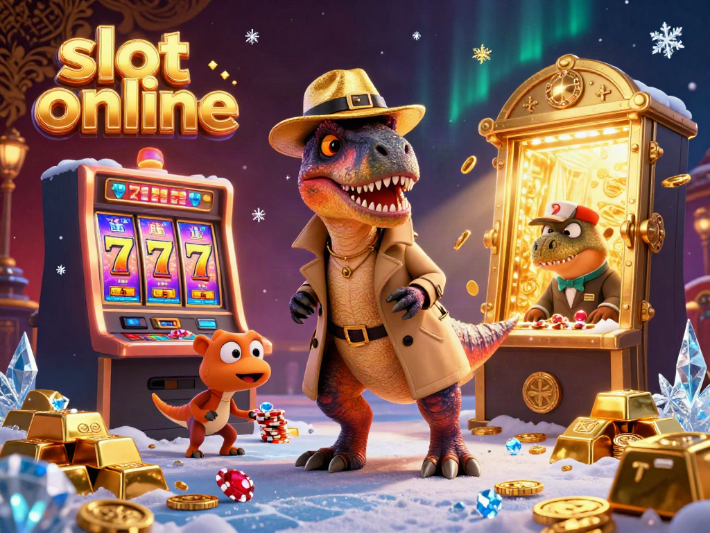 Experience thrilling slot online excitement with cartoon velociraptor and stegosaurus characters in a vibrant casino setting.