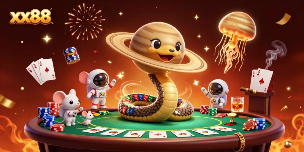 Experience the vibrant casino action with xx88's roulette-themed gambling scene featuring cosmic characters.