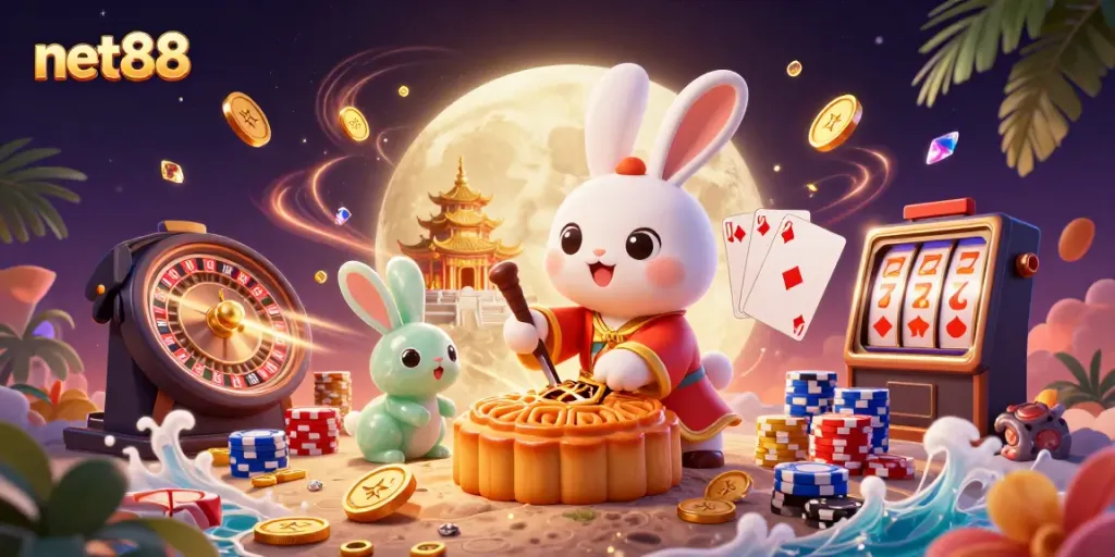 Experience thrilling gaming with net88's moon rabbit and poker chips in a vibrant 3D scene.