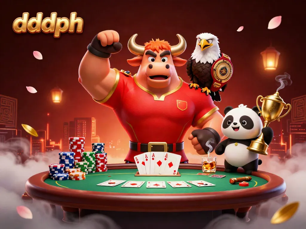 Experience the thrill of dddph casino gaming with a victorious bull mascot, eagle, and panda showcasing excitement.