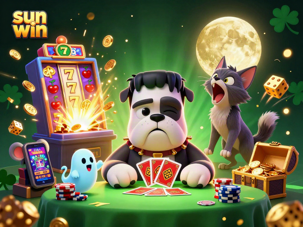 Sun win captures an exciting casino scene with playful characters and jackpot excitement.