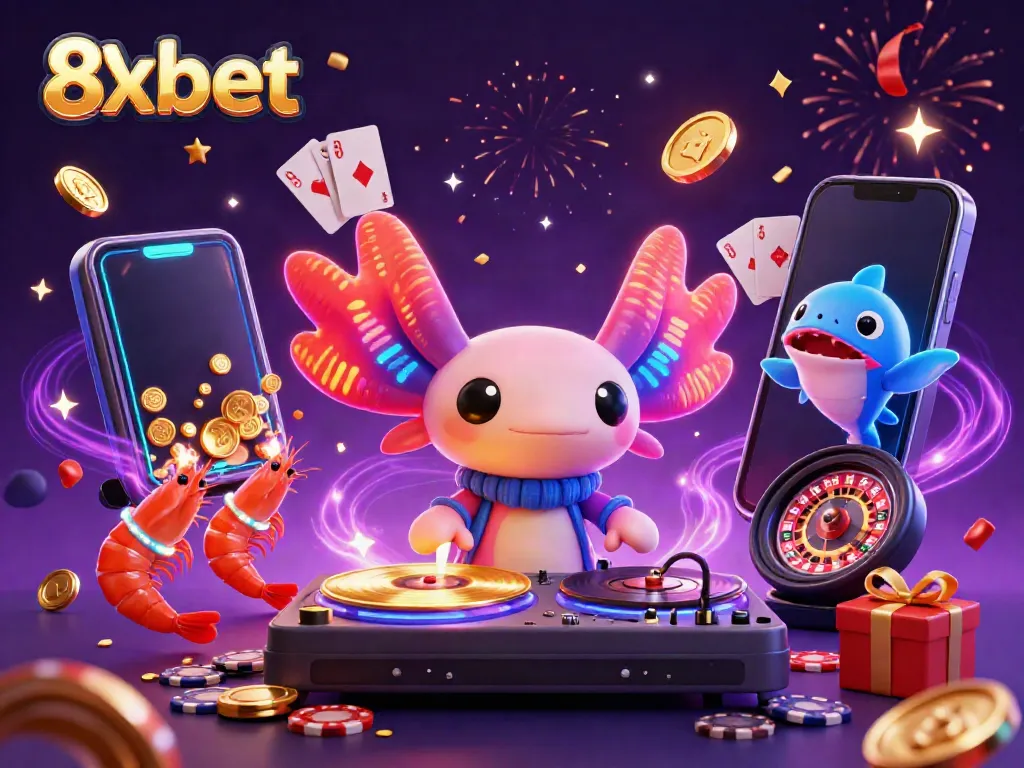 Experience the excitement of 8xbet with a vibrant underwater DJ party featuring casino games and lively characters.