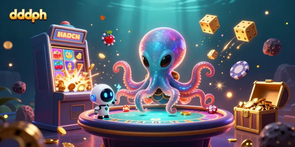 Experience thrilling dddph gaming as an alien octopus operates a holographic poker table amid a jackpot explosion.