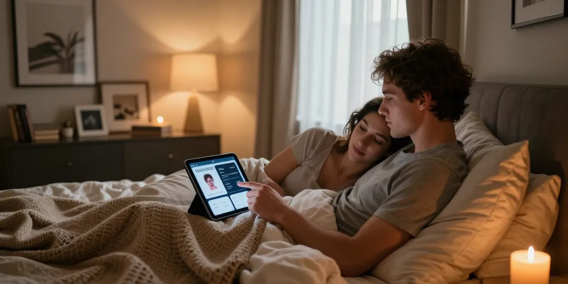 Couple using AI technology in intimate bedroom for ai sex exploration.