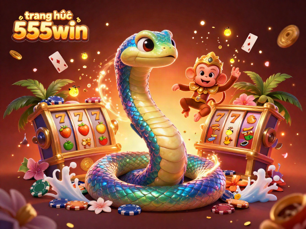Experience the excitement of trang chủ 555win, featuring a vibrant scene with a rainbow serpent, monkey king, and casino elements.