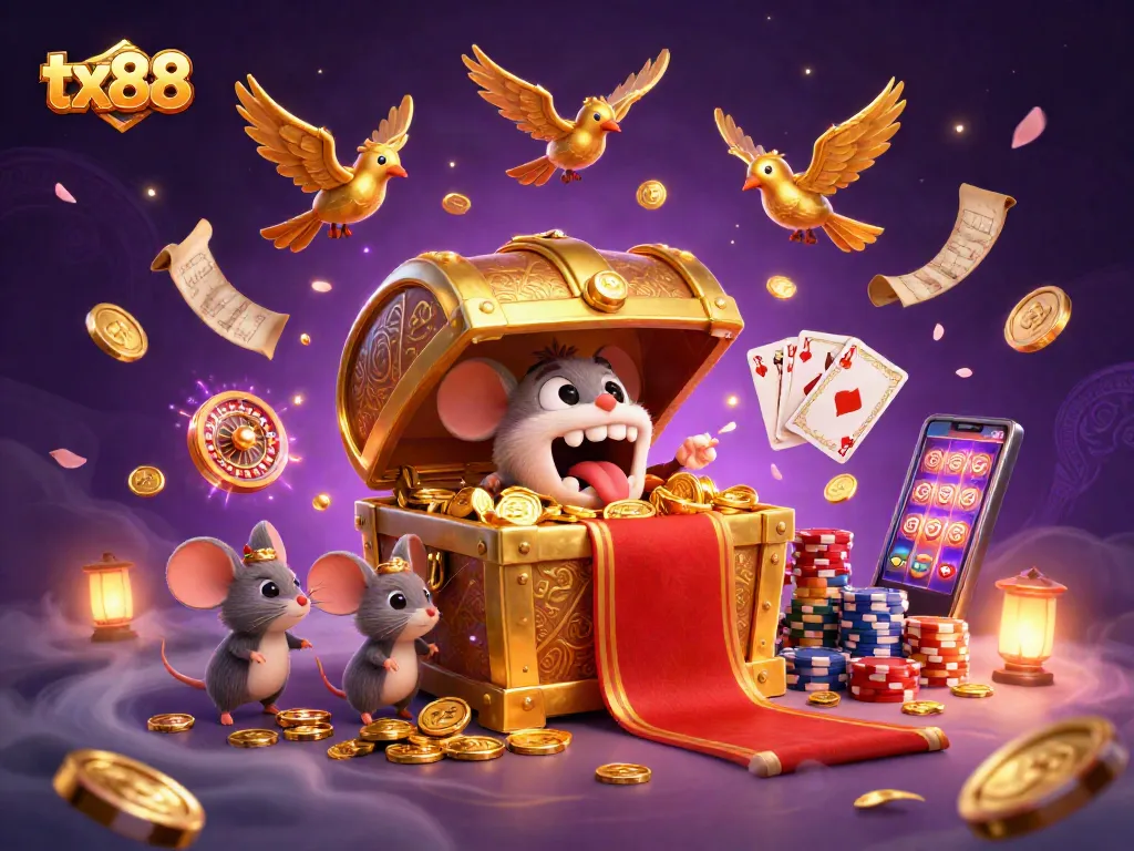 Engage in thrilling tx88 adventures featuring vibrant treasure chests and casino elements.