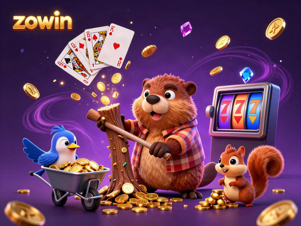 Zowin's 3D cartoon scene reveals a playful lumberjack beaver amidst dazzling casino elements.