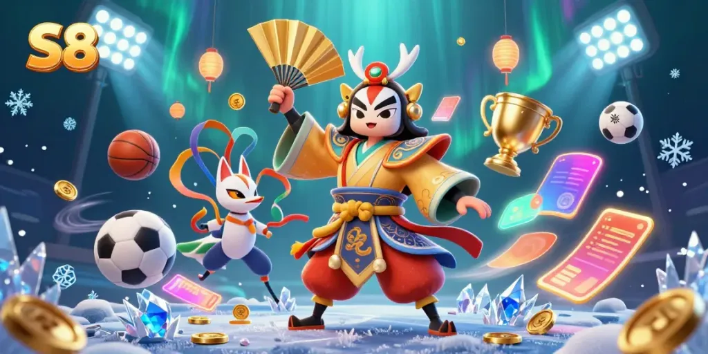 Experience the thrilling energy of S8 with dynamic sports balls, a kabuki warrior, and vibrant casino elements.