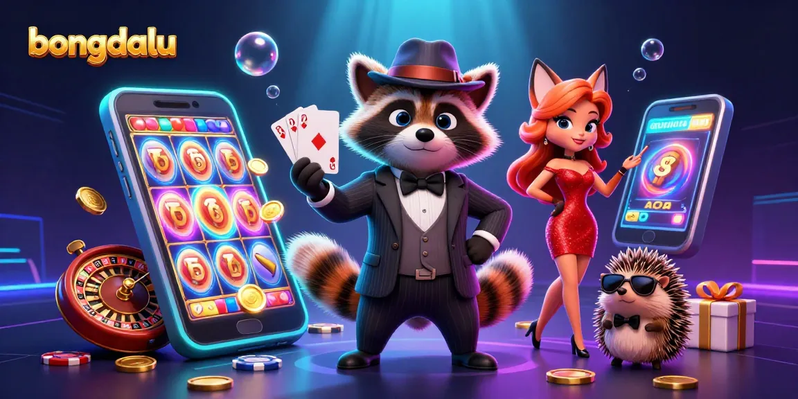 Bongdalu illustrates a raccoon with a royal flush and stunning casino elements bursting with excitement.