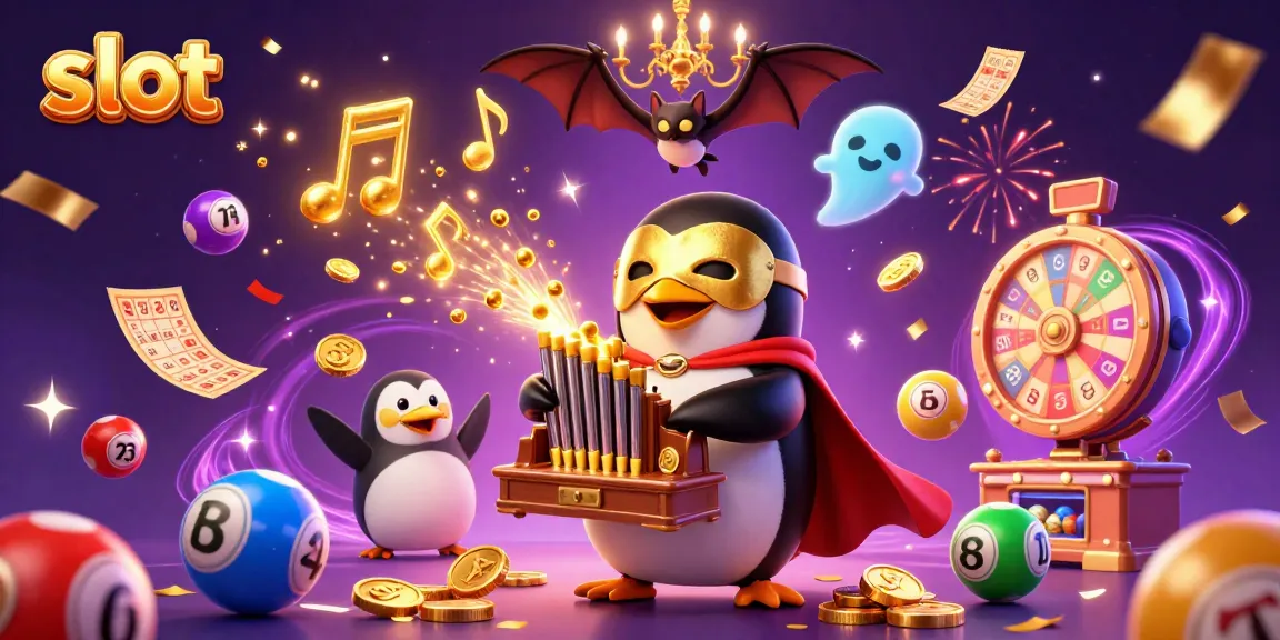 Spin colorful slot games with a captivating casino penguin conductor amidst a vibrant celebration.