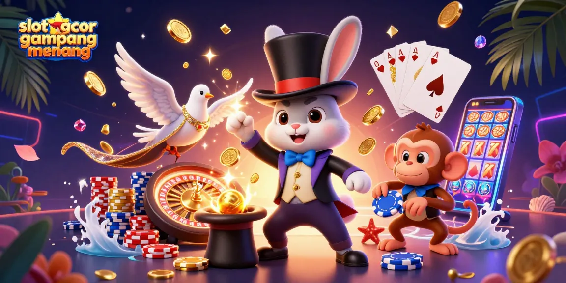 Experience thrilling slot gacor gampang menang with a cartoon magician pulling coins and poker chips in a vibrant casino scene.