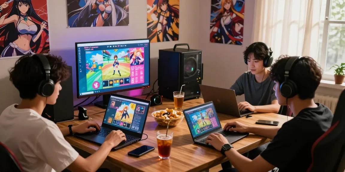 Engaged gamers playing hentai games on multiple devices in a cozy gaming room.