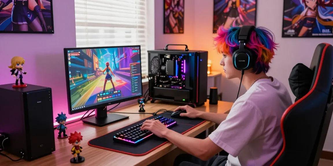 Engaged gamer playing femboy hentai games on a vibrant setup with colorful lighting and gaming gear.