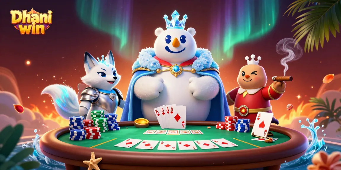 Join the action with Dhani win gaming, as majestic characters engage in thrilling poker gameplay surrounded by vibrant casino elements.