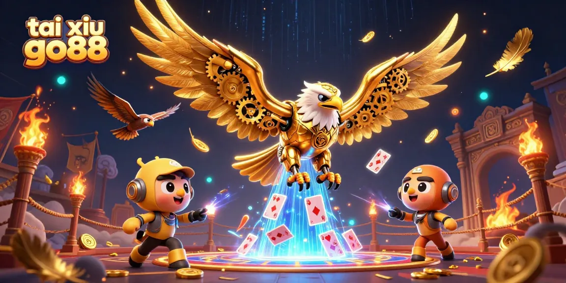 Experience the thrill of tai xiu go88 with a dynamic scene of a golden eagle amidst holographic gaming elements.