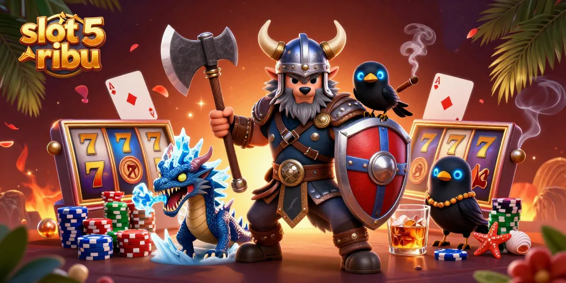Play exciting slot games at slot 5 ribu with a thrilling Viking warrior, dragon, and raven.
