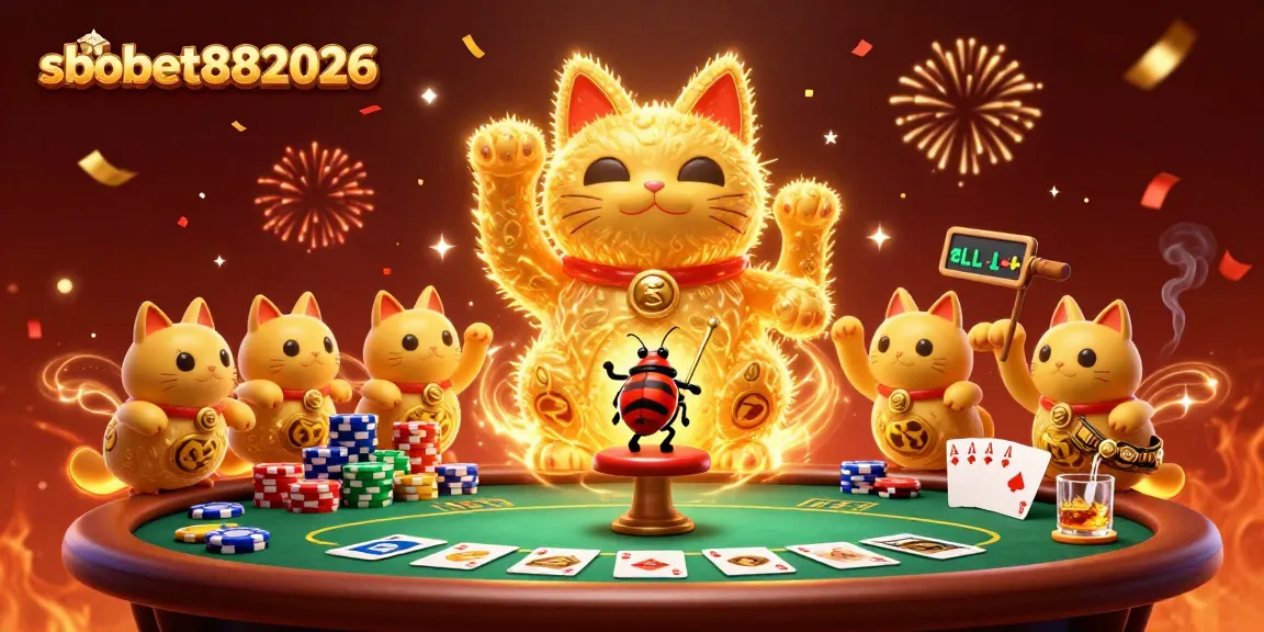 Engage in thrilling gambling action with sbobet882026 featuring a vibrant lucky cat and dynamic casino symbols.