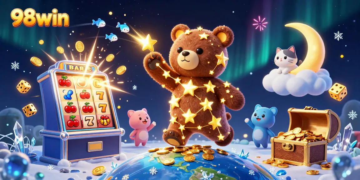 Win jackpots at 98win with a magical 3D casino adventure featuring coins and vibrant game elements.