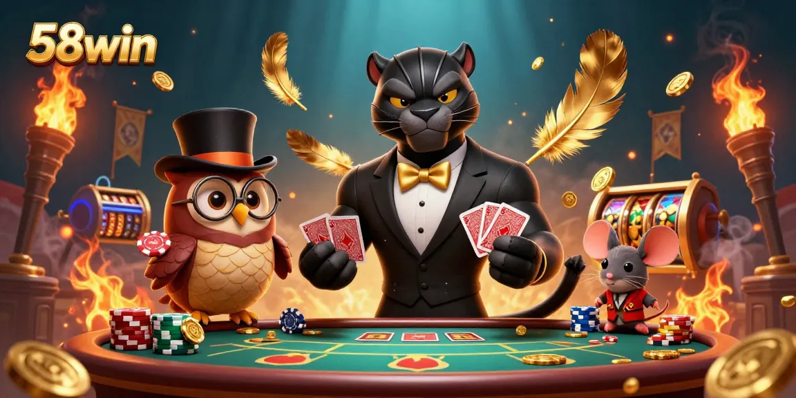 Engagingly play cards at 58win, where stylish characters and gaming elements collide in a vibrant casino scene.