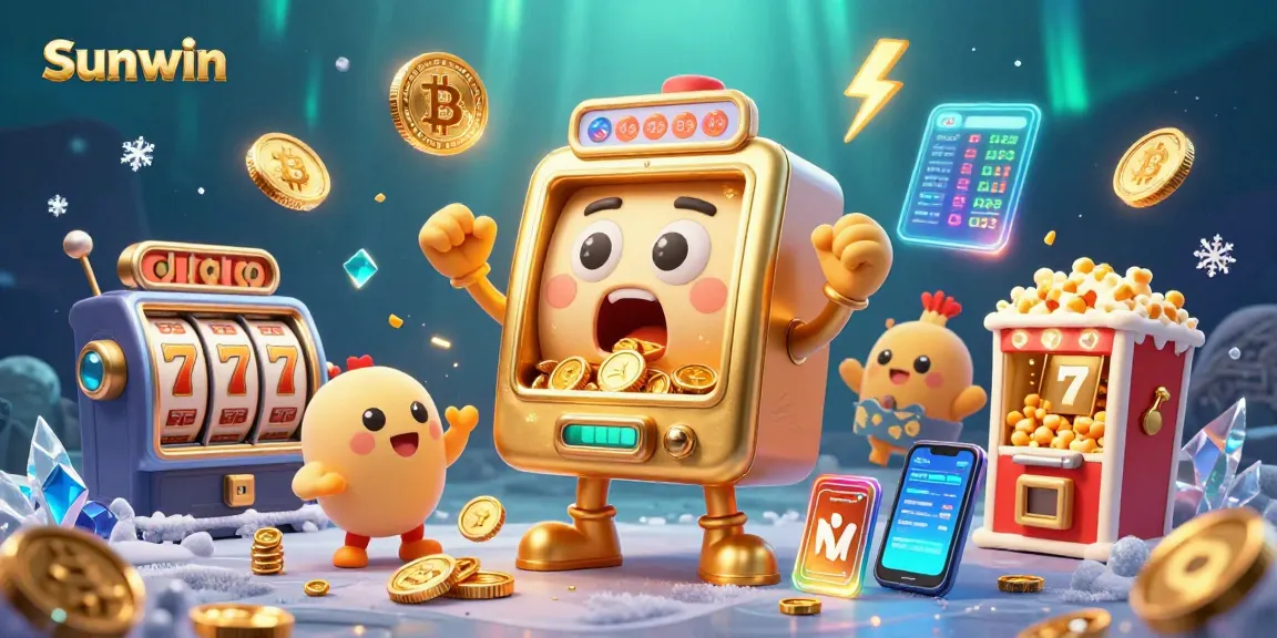 Sunwin showcases a vibrant scene of a golden slot machine hitting a jackpot, surrounded by cheering machines.