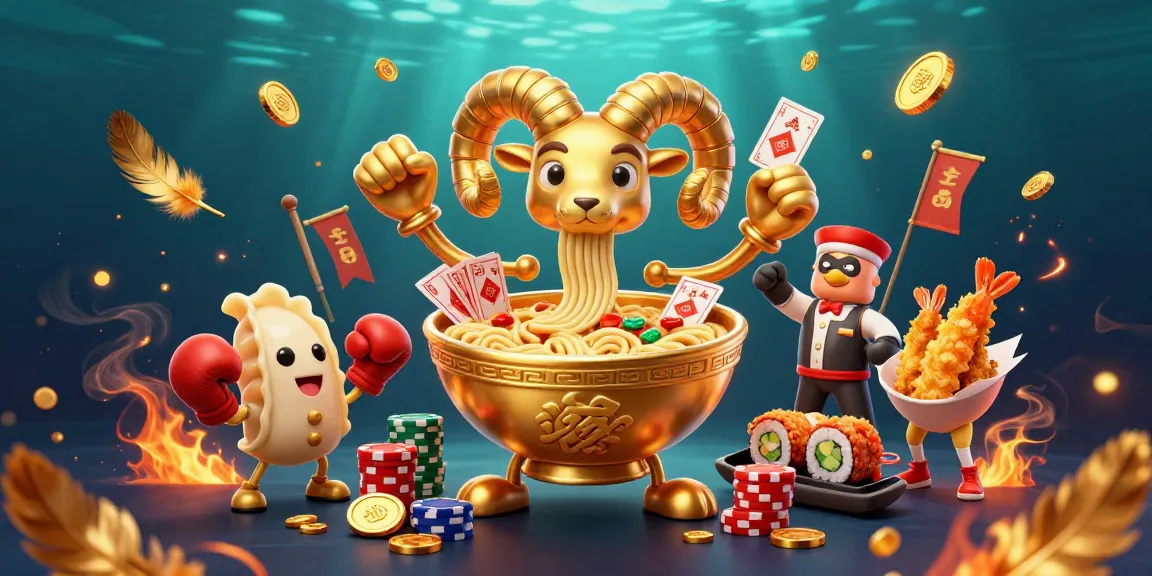 Experience the thrill of fly88 with a dynamic illustration featuring a giant ramen bowl dealer and cheerleader tempura shrimp.